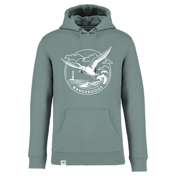 Jadegrüner Wangerooge Hoodie Print Design mit Watvogel Knutt und neuem Leuchtturm Wangerooge