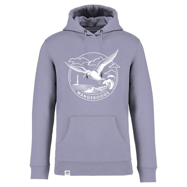 fliederfarbener Wangerooge Hoodie Print Design mit Watvogel Knutt und neuem Leuchtturm Wangerooge